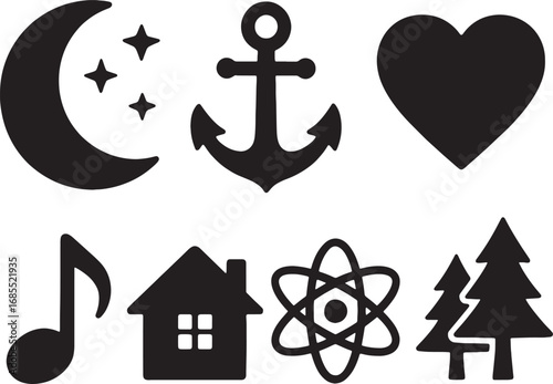 Symbolic Set of Silhouettes: A carefully curated collection of seven evocative silhouettes, each telling a story – the serenity of the moon and stars, the steadfastness of an anchor.