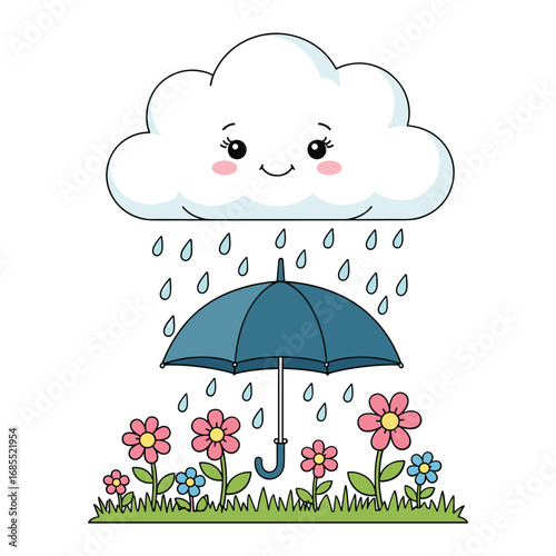 Cute cartoon cloud raining on a blue umbrella in a field of flowers nature