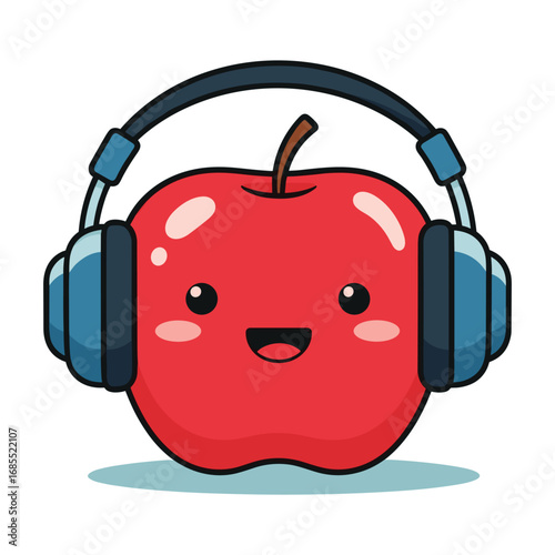 Cheerful red apple character wearing blue headphones and smiling fruit cartoon
