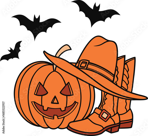 Vector art of halloween pumpkin with cowboy boots and hat, , with bats flying above