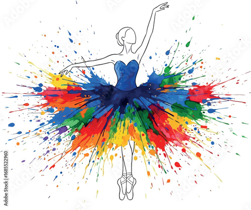 Vector vector art of ballet dancer in a blue tutu with colorful paint splashes transparent background