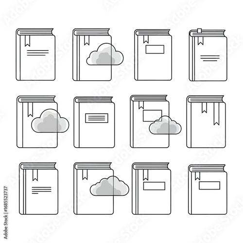 Books And Clouds: Vector illustration of a collection of neatly arranged books paired with whimsical cloud icons, perfect for conveying concepts of knowledge, learning, or digital information storage.