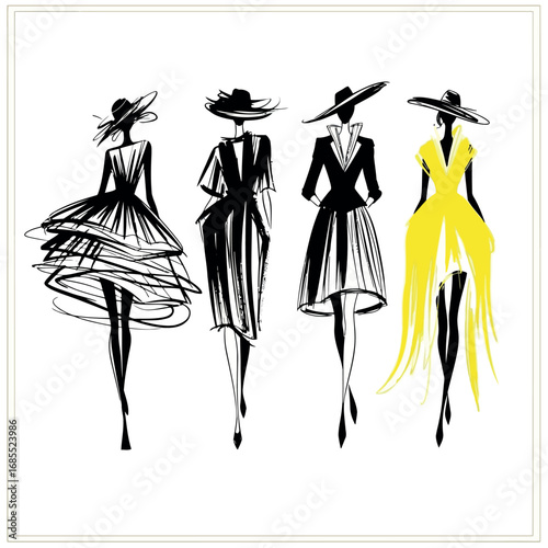 Vector vector art of fashion illustration of four models in elegant dresses and hats, transparent background