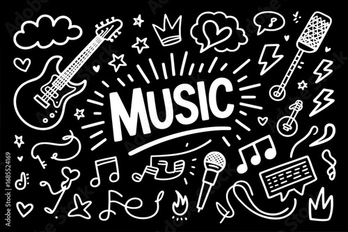 Hand-Drawn Music Icons: White Doodle Illustrations on Black Background