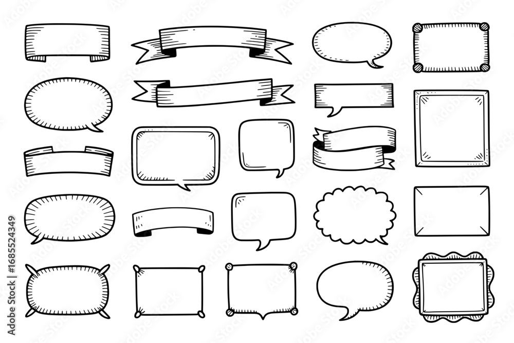 Obraz premium Collection of 20 Hand-Drawn Black and White Frames, Banners, and Speech Bubbles