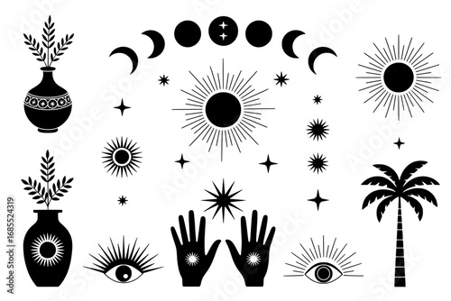 Mystic Celestial & Nature Icons: A Collection of 16 Black and White Symbolic Illustrations