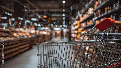 Empty shopping cart in a blurred grocery store aisle, showcasing a soft focus on the produce and goods.