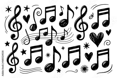 Hand-drawn Music Notes and Symbols: A Collection of Black and White Musical Icons