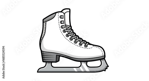White Ice Skate with Laces and Blade, Side View.