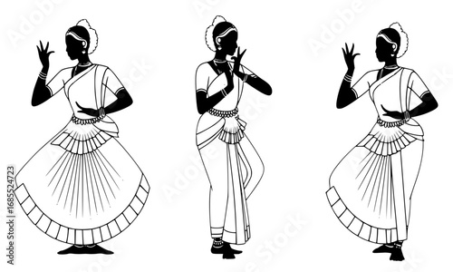 Mohiniyattam classical dance poses 6 set silhouette vector illustration