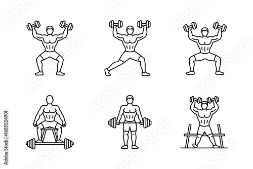 Six Line Art Icons: Bodybuilder Exercises with Dumbbells and Barbell