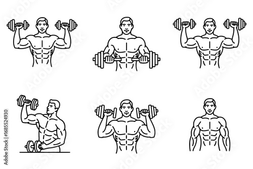 Six Line Art Illustrations of a Muscular Man Performing Dumbbell Exercises