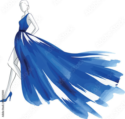 Vector vector art of fashion illustration of a woman in a flowing blue gown, transparent background