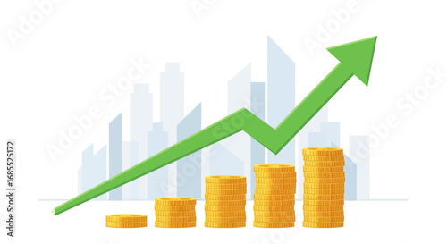 A rising green arrow graph superimposed over stacks of gold coins, symbolizing financial growth and economic progress against a city skyline.