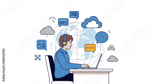 Illustration of a person using a laptop with communication icons around them.