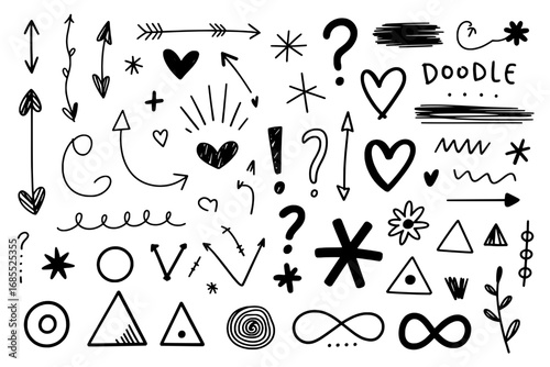 Hand-Drawn Doodle Icons: Arrows, Hearts, Symbols, and Geometric Shapes