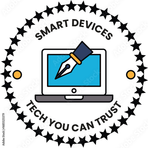 A smart device logo with a pen on a laptop