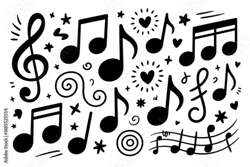 Hand-drawn Music Notes and Symbols: A Collection of Black Icons on White Background
