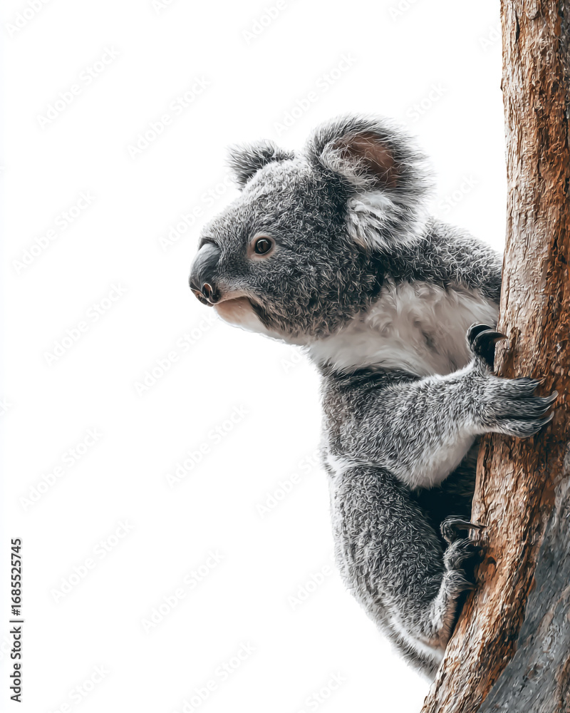 Obraz premium Koala climbing a tree, isolated on white background
