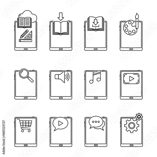 Tablet Icons: A set of minimalist, line-drawn tablet icons showcases a range of digital tools, from e-learning and creative apps to multimedia functions.