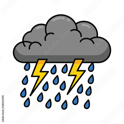 Gray storm cloud with yellow lightning bolts and blue rain drops thunder weather