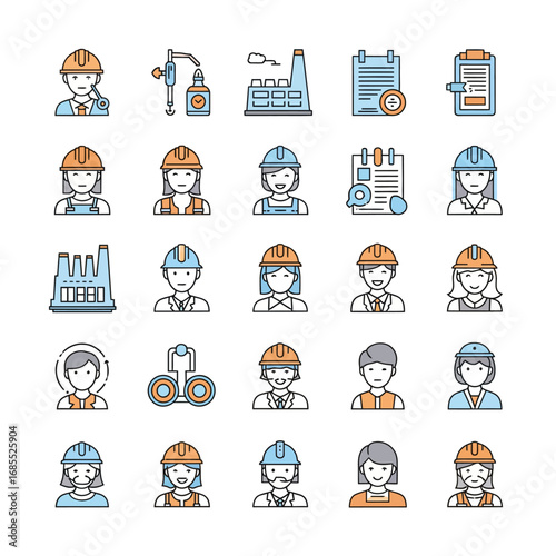 Set of industrial and construction worker icons representing a professional engineering workforce and factory teamwork