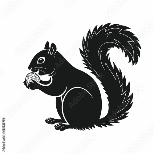 Detailed black and white vector graphic of a squirrel holding a nut in its paws. A clean silhouette of a forest rodent isolated for use as a logo or emblem