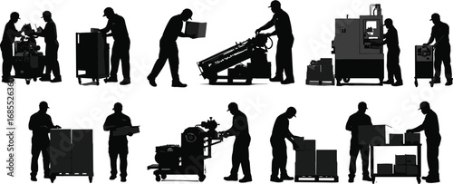 Silhouette factory worker operating industrial machines, handling boxes, manufacturing process, production line, heavy equipment vector illustration, industry workplace design set