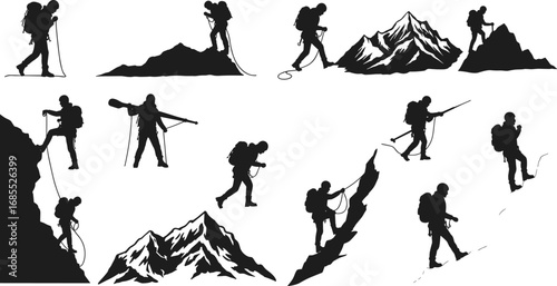 Silhouette mountain climber hiking with gear, climbing peaks, adventure trekking, alpine expedition vector illustration, outdoor extreme sport lifestyle, mountaineering design set
