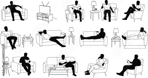 Silhouette man sitting on sofa, relaxing at home, reading, watching television, using smartphone, leisure lifestyle vector illustration, living room furniture design set
