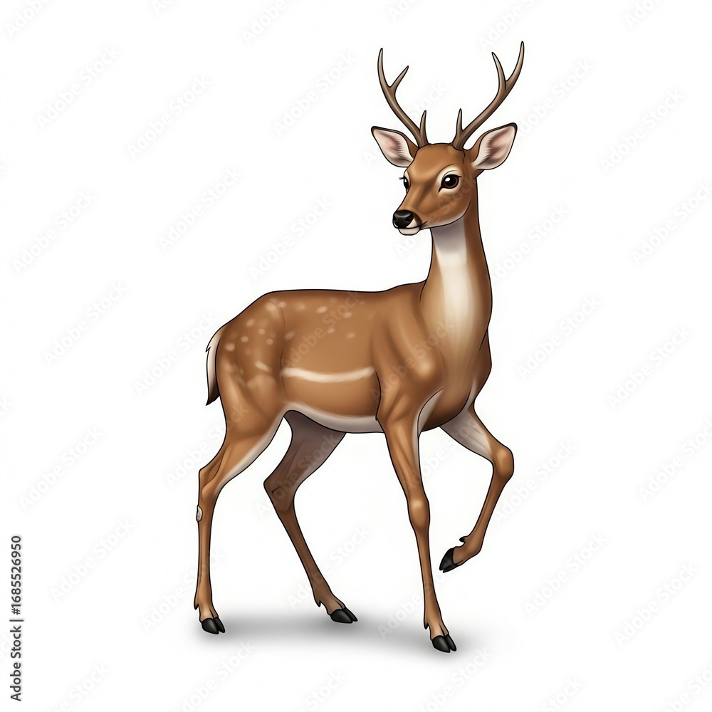 Obraz premium A majestic male deer with large antlers standing gracefully isolated on white background