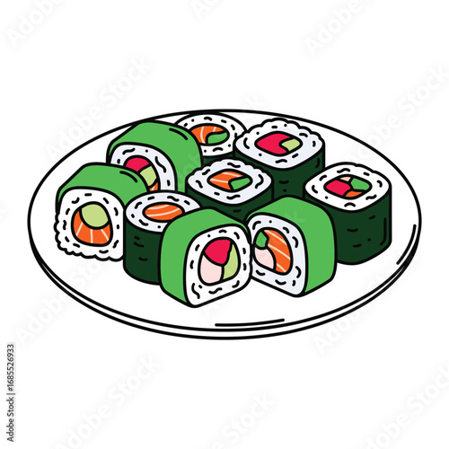 Plate of assorted sushi rolls with green seaweed and colorful fillings maki rice