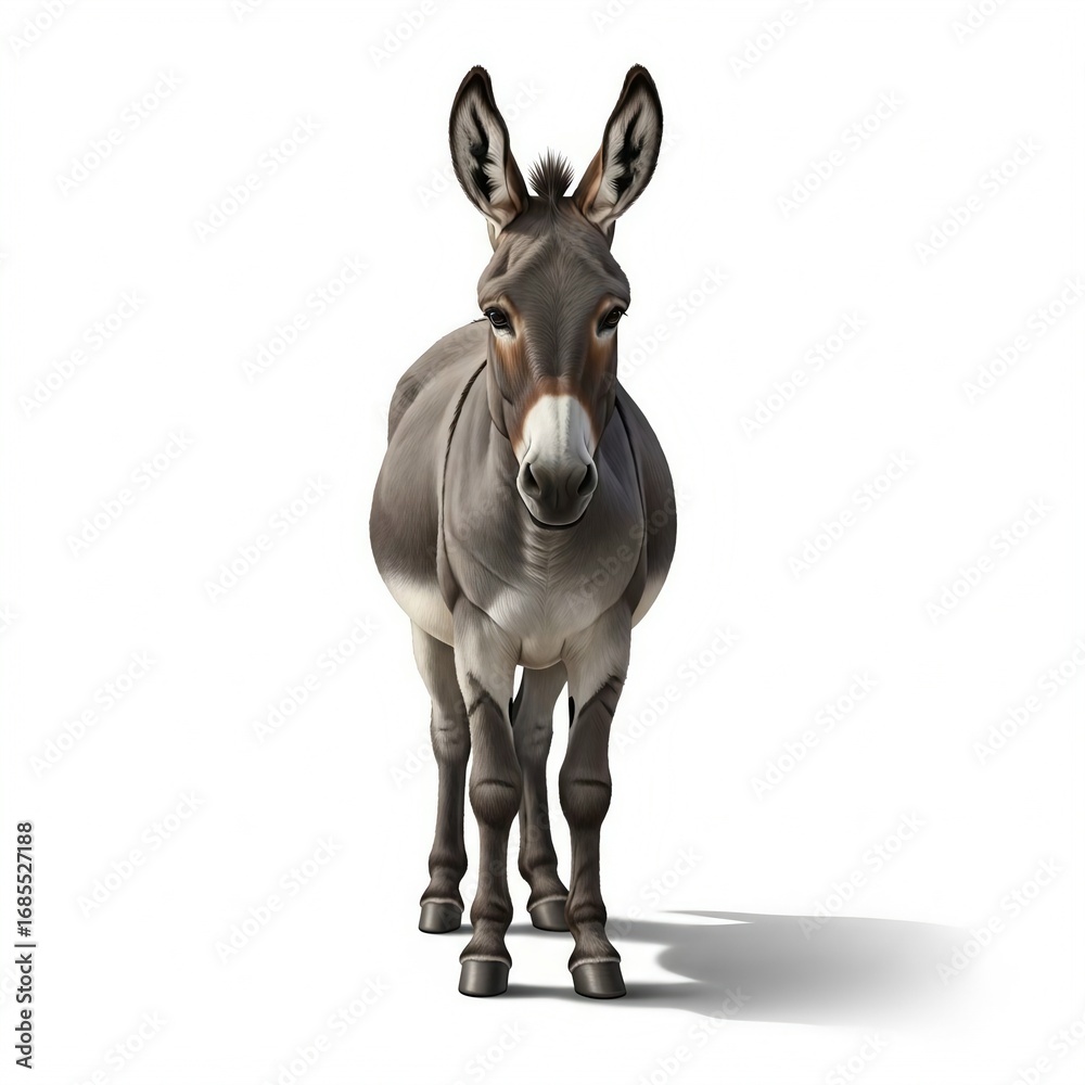 Fototapeta premium A grey donkey standing facing forward isolated on a white background