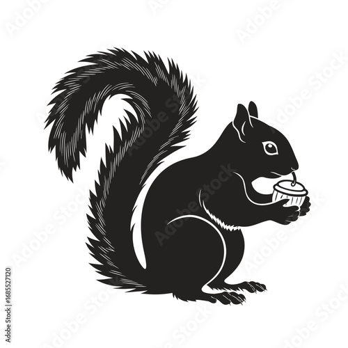 Stylized black silhouette of a sitting squirrel holding a small cupcake. Simple vector graphic of a cute rodent character isolated on a white background