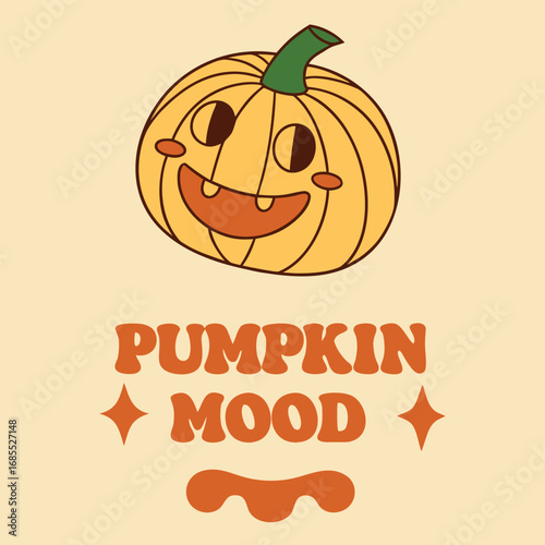 Vector art of retro groovy pumpkin with the text pumpkin mood and stars, perfect for autumn and halloween celebrations