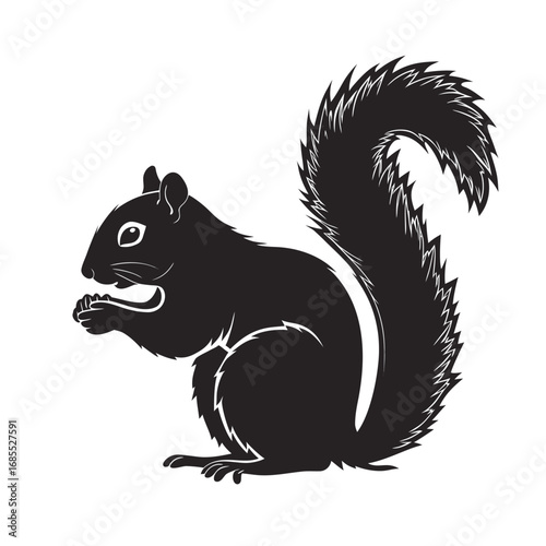 Minimalist black silhouette of an alert squirrel standing on its hind legs while eating a nut, a simple vector wildlife graphic isolated on a white background