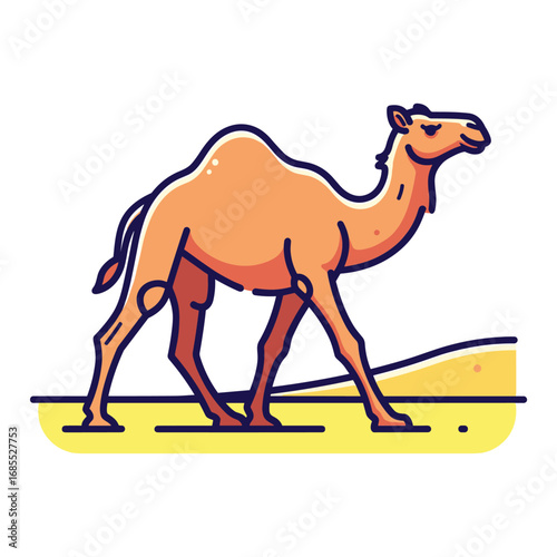 Stylized illustration of a camel walking across a desert landscape sand dune