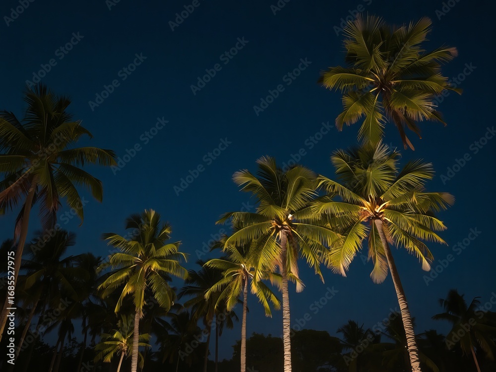 Obraz premium Palm trees illuminated against a dark blue sky at night creating a tropical scene view