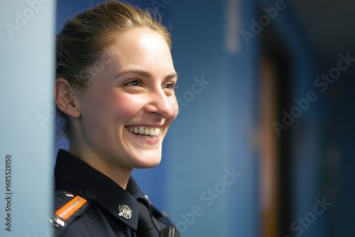 Cheerful Female Officer in Uniform, Showcasing Pride and Professionalism Indoors