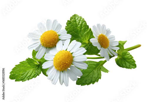 Close-up of chamomile and mint sprigs.  White daisies with yellow centers are grouped with bright green mint leaves.  Image is isolated against black