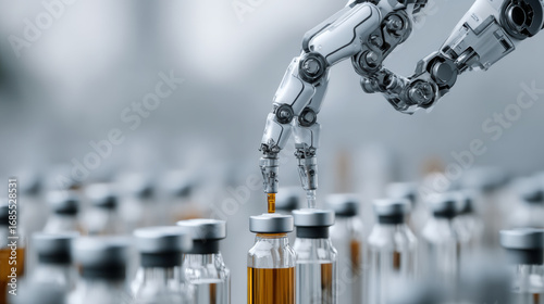 Robotic arm vial syringe robotic arm vial syringe laboratory futuristic lab healthcare lab synthetic organ sample ai scanner holographic scanner photorealistic automation precision metal medical