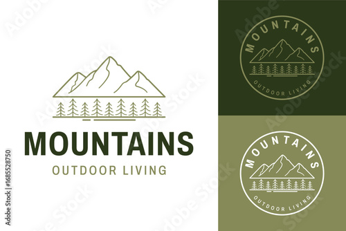 Simple Nature-Inspired Logo with Mountain Peaks and Evergreen Pines
