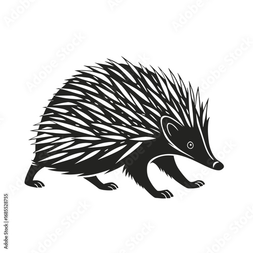 A striking silhouette of a hedgehog sniffing the ground, rendered in bold black, perfect for design and print