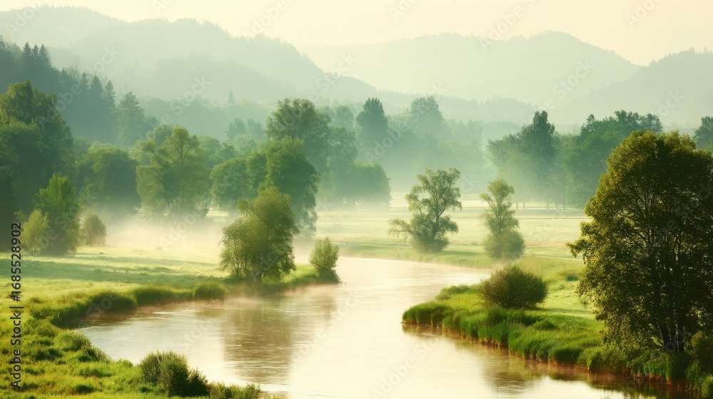 Obraz premium A serene river winds through lush green banks dotted with trees,