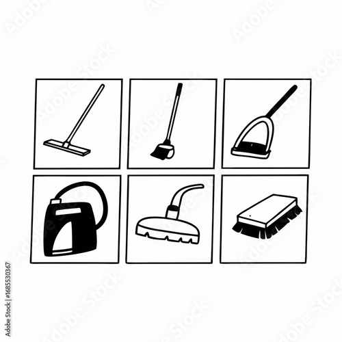 Collection of cleaning tools and equipment icons for household chores