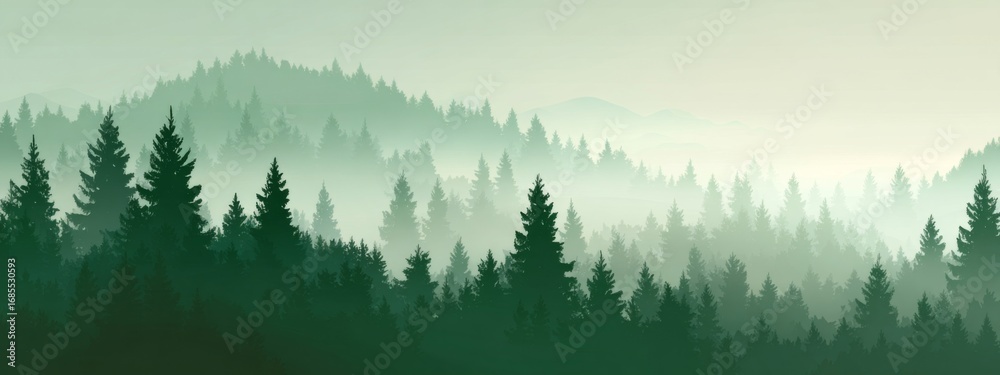 Obraz premium Landscape forest hills nature adventure travel background panorama - Illustration of dark green silhouette of valley view of forest fir trees fog and sunbeams