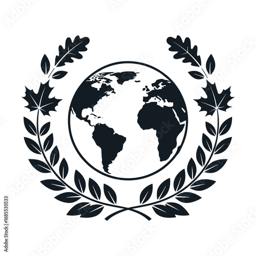 Dark blue globe with oak leaves and maple leaves wreath on white background world earth