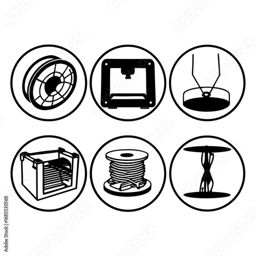 Illustration of 3d printing process, showing filament spool, printer, and finished product