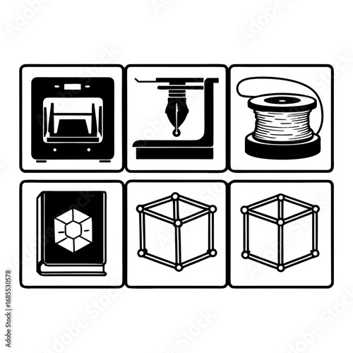 Icons of 3d printers and related objects, representing modern technology