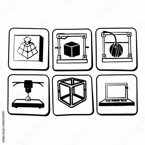 Hand drawn icons of 3d printers and related objects, representing technology